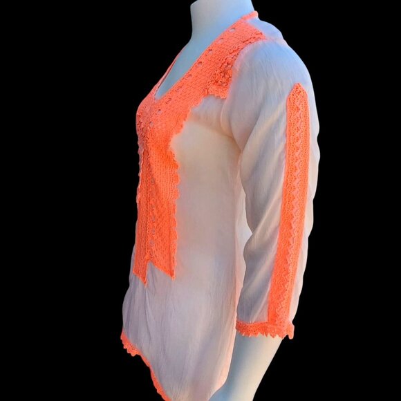 Johnny Was Size M Sheer White Boho Tunic Top Long Sleeves with Orange Lace - Picture 10 of 10